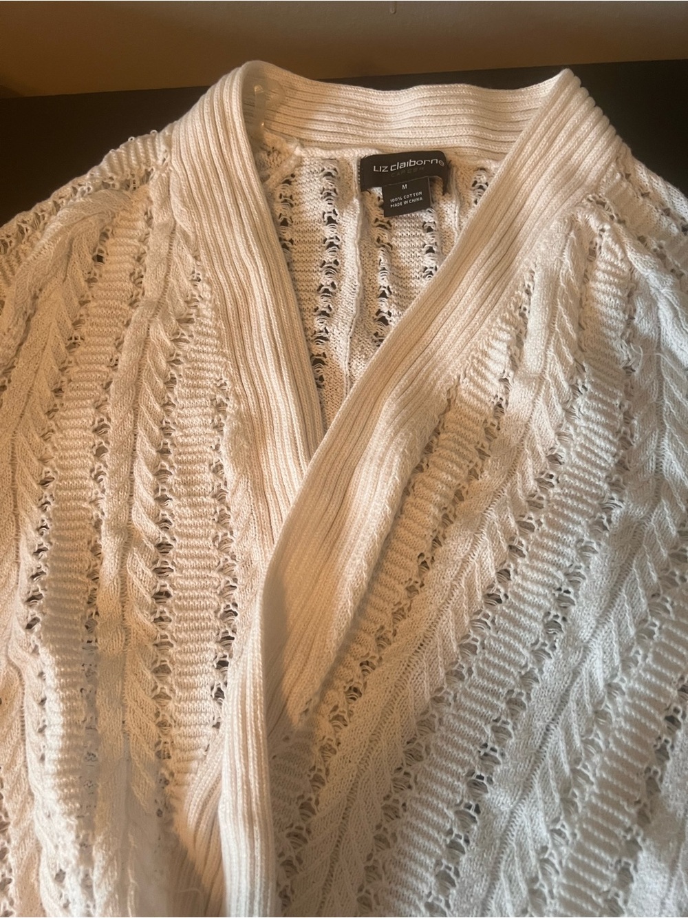 Liz Claiborne Ivory Open-Knit Shawl Collar Cardigan